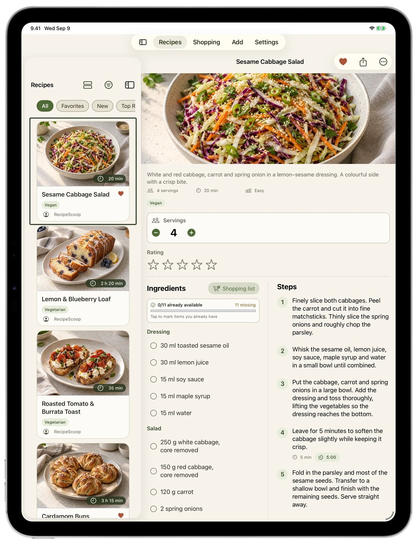 Actual RecipeScoop iPad screen with our cookbook, sesame cabbage salad ingredients and cooking steps side by side.