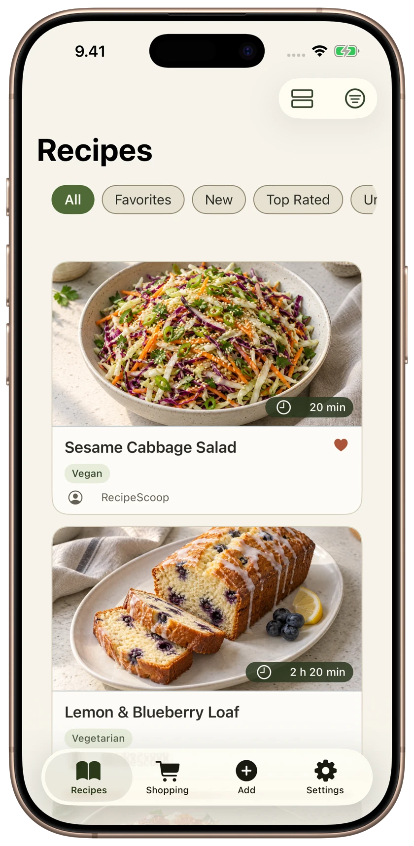 Actual RecipeScoop iPhone cookbook with sesame cabbage salad and lemon and blueberry loaf.