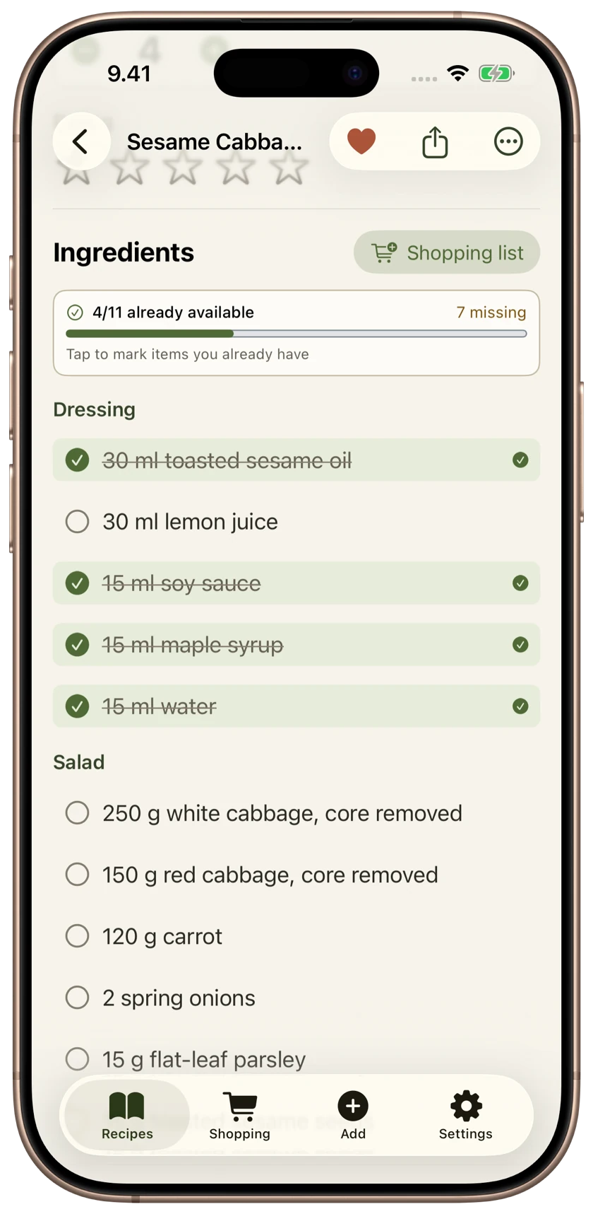 RecipeScoop ingredients: sesame oil, soy sauce, maple syrup and water marked as already available.