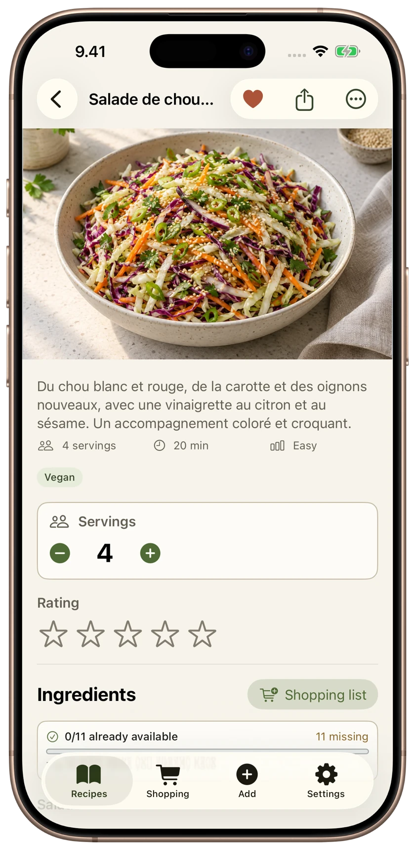 Our sesame cabbage salad in French, in the actual RecipeScoop app.