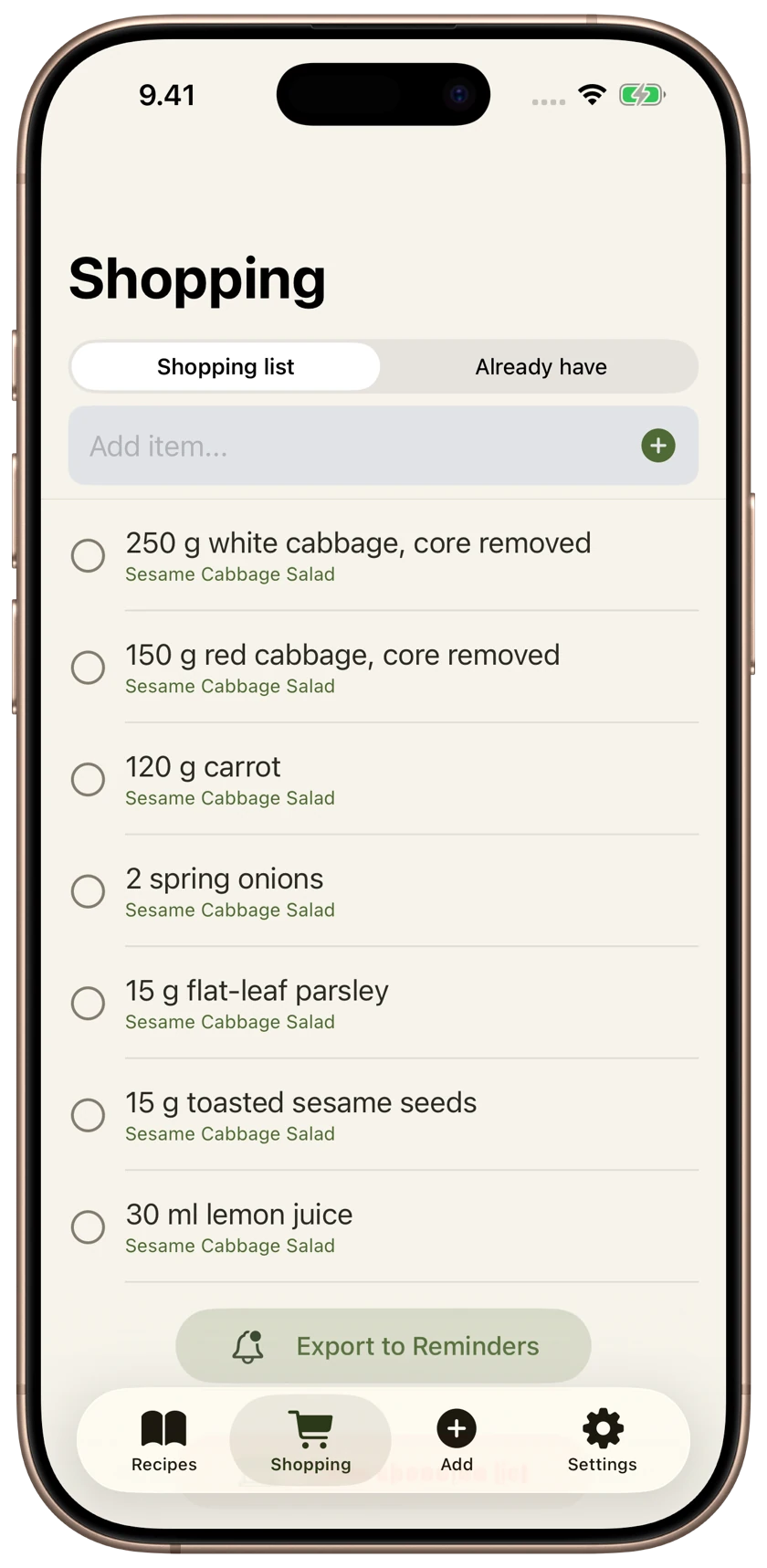 RecipeScoop shopping list with the seven missing ingredients for our sesame cabbage salad.